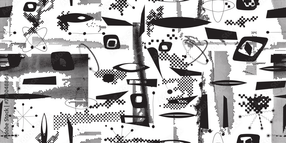 Poster glitch distorted grungy abstract forms . halftone dots seamless pattern texture. grange shapes .grun