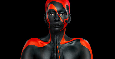 The Art Face. How To Make A Mixtape Cover Design - Download High Resolution picture with black and red body paint on african woman for your music song. Create album template with creative Image. - 738049030
