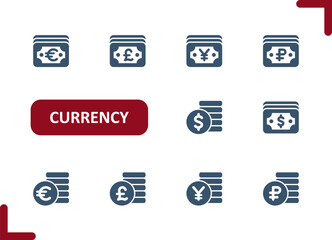 Currency Icons. Dollar, Euro, Pound, Yen, Yuan, Ruble, Cash, Money, Bill, Coins Icon