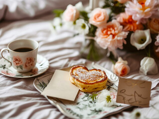 A coffee cup and a blank paper with desserts placed on a bed