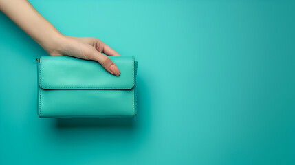 Female hand holding a turquoise clutch on a blue background, copy space, generative ai - obrazy, fototapety, plakaty