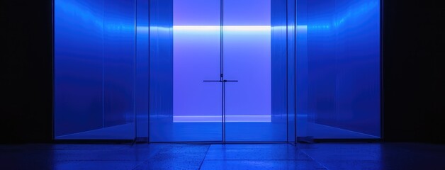 Modern Glass Doors in Blue Neon Light
