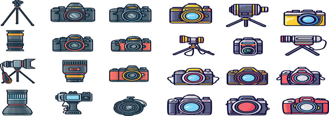 Photography equipment flat line icons. Digital camera, lighting, video accessories, memory card, tripod lens film