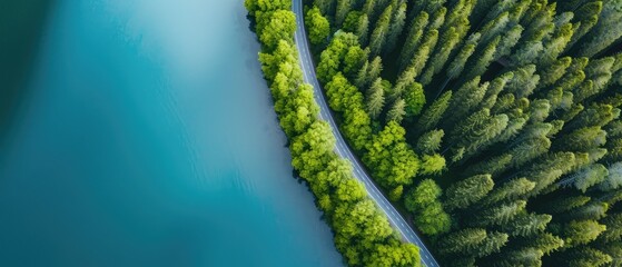Aerial View of Scenic Road Winding by Lake