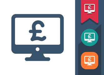 Computer Screen Icon. Monitor, PC, Money, Online Shopping, E-commerce, Pound Sterling