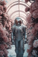 An astronaut in the silver space suit in a frozen rose garden. Space and nature exploration concept. 