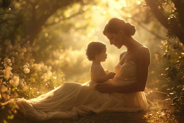 Mother and baby or daughter sitting on grass on forest of sunset flowers