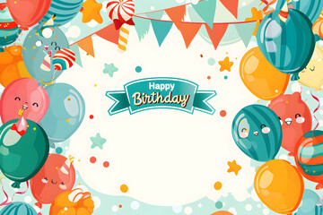Happy Birthday greeting card cartoon party frame border background.