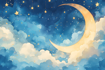 Cute cartoon moons in the sky on background in watercolor style.