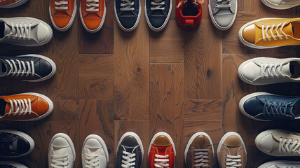An overhead shot of a collection of different shoe mockups. - obrazy, fototapety, plakaty