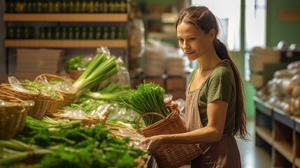 Woman in zero waste shop shopping for farm grown vegetables, picking ripe green onions. Client in plastic free local grocery shop using decomposable - obrazy, fototapety, plakaty