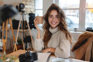 A radiant female content creator enjoys a cup of coffee in a well-equipped photography studio