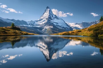 Stunning image capturing the reflection of Matterhorn peak in the calm waters beneath, surrounded by alpine beauty