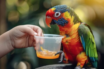 In focus image of a child's hand holding a feeding cup with a vibrantly colorful lorikeet eating from it