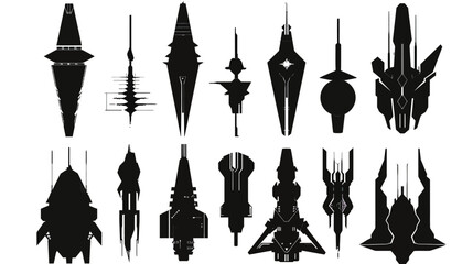 Set Of Fantasy Games Spaceship Silhouette - obrazy, fototapety, plakaty