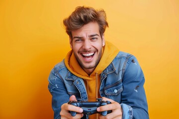 Dynamic image of a laughing gamer in a yellow hoodie playing with a game controller