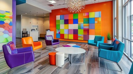 
The Chromatic Therapy Clinic offers a modern design with comfortable seating and colorful accent walls.