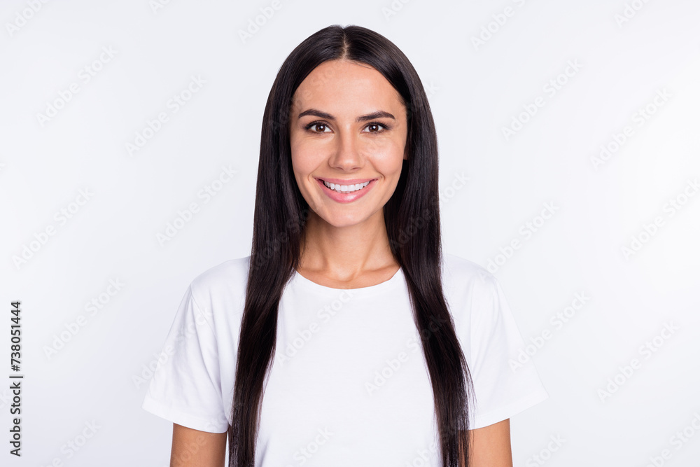 Wall mural Photo of young attractive woman happy positive smile teeth veneers clinic isolated over white color background