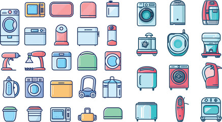 Household appliance line icon set. Washing machine, humidifier robot vacuum cleaner, curling iron minimal vector illustrationWeb