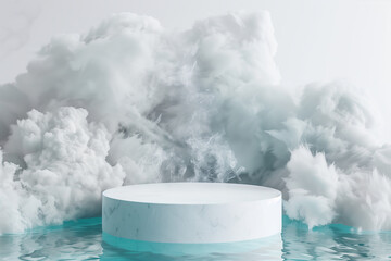 podium white and minimal water blue floor product display with smoke background.