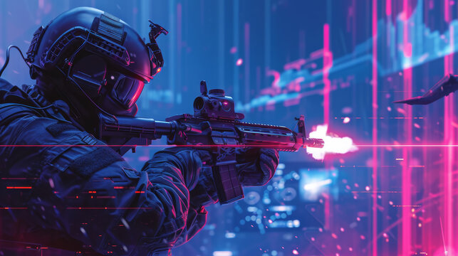 action shooter AAA videogame gameplay with information datum design for console or web 3.0 playing to earn gaming crypto tokens and cryptocurrency project future as wide banner UI 
