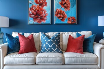 a blue living room with a dark blue wall