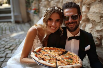 Joyful bride and groom celebrating their wedding with slices of delicious pizza, showcasing fun and...