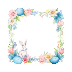 .Square Easter frame with flowers, colored eggs and rabbit. Vector illustration design..