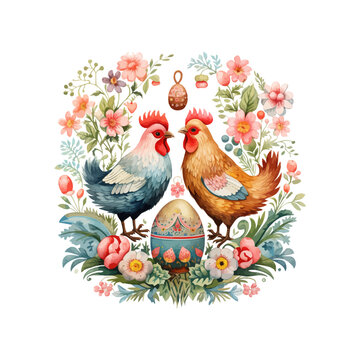 Chickens with flowers and Easter eggs. Vector illustration design.
