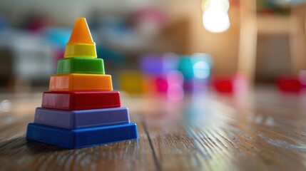 A children's multi-colored plastic toy pyramid stands on a wooden floor