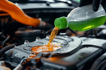 Fresh engine oil being poured during a service maintenance, highlighting the value of automobile care - obrazy, fototapety, plakaty