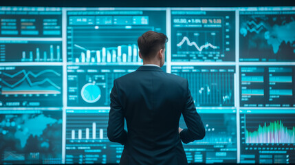 Back of a businessman in front of professional key performance indicator KPI metrics dashboard with screens and charts for sales and business results evaluation and KPI review 