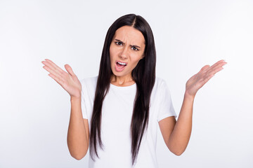 Photo of young woman angry mad crazy unhappy yell blame offended problem isolated over white color background