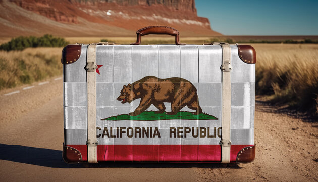 Vintage suitcase with California flag. Travel and tourism concept.