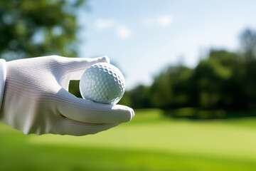 Photorealistic Close-Up Image of a Hand in a Glove Holding a Golf Ball on a Blurred Green Background, Highlighting the Attention to Detail and Skill of the Game, Ideal for Sports Marketing, Golf Event