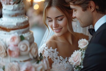 A beautiful young bride and her groom cut a large three-tier wedding cake. Atmosphere of celebration and fun - Powered by Adobe