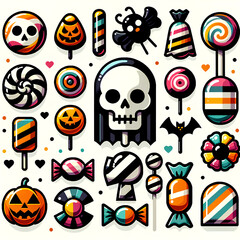 featuring a variety of Halloween-themed candies in a flat design style. The candies include colorful and playful designs like a skull lollipop