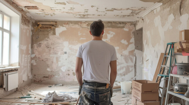Back view of a man contractor at work inside a home for renovation and refurbishment project , complete energy efficiency renovation concept image
