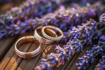 Close-up of elegant gold wedding rings placed on fragrant lavender sprigs, symbolizing unity and...