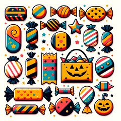 collection of Halloween candies in a flat design style, with bright colors and patterns such as stars, stripes, and polka dots