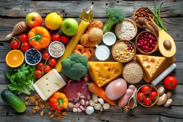 High angle view of various kinds of food types isolated on a rustic wooden background.