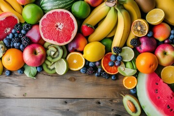 Juicy fruits: Top view of an assortment of various kinds of multicolored fresh juicy fruits