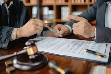 A professional setting where a client and lawyer review legal documents, with a gavel symbolizing law and order