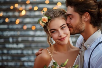 A bride and groom share a kiss, with twinkling bokeh lights in the background enhancing the romantic atmosphere