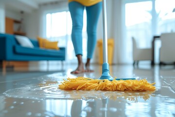 A focused view of someone mopping a shiny floor, the sunlit room gives a feeling of warmth and cleanliness