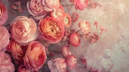 Vintage background with roses and ranunculus in muted tones - obrazy, fototapety, plakaty