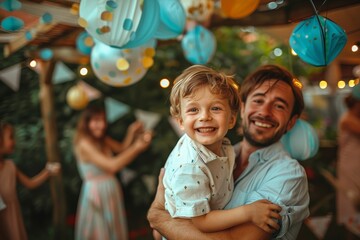An ecstatic little boy hugging his father at a birthday celebration, with a backdrop of party attendees and pastel decorations - obrazy, fototapety, plakaty