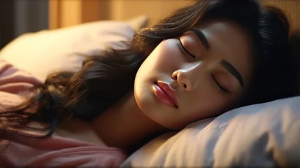 Fotobehang Top view image of asian woman sleeping alone in king size bed on white pillows. Young Asian woman sleeping in her bed at home © MUCHIB