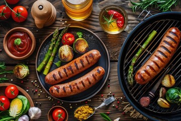 op view of a grill with asparagus and two German sausages surrounded by a bowl filled with curry,...