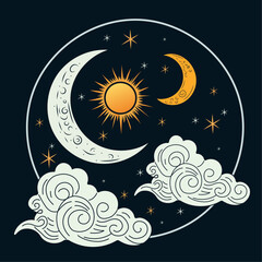 Naklejka premium Symbolic esoteric tarot illustration with golden sun, moon, clouds on starry sky. Tarot theme. For tarot cards, postcards, posters. 